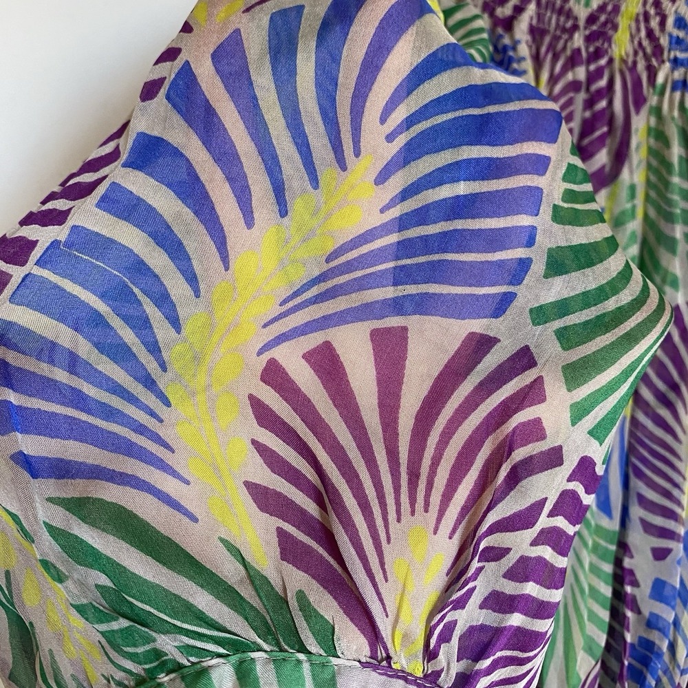 Zara 100% Silk Blouse Size M Multicolor Off Shoulder Puff Sleeve Resort Wear - Picture 9 of 9
